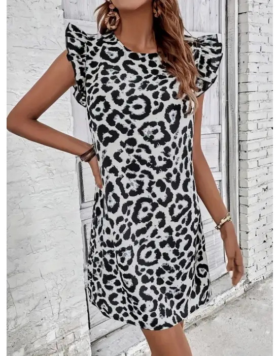 Kadın Kısa Kollu Kolları Fırfır Detay Arkası Bağlamalı Leopar Desen Kolsuz Mini Mikro Elbise