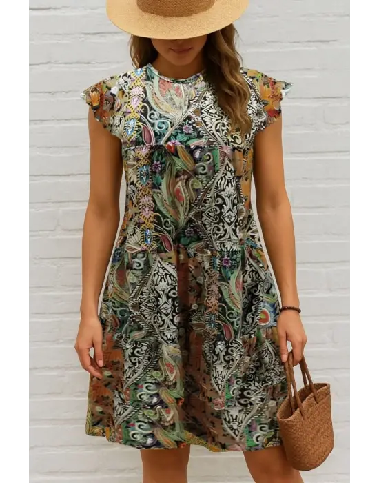 Kadın Kısa Kollu Kolları Fırfırlı Bisiklet Yakalı Kare Desenli Elbise