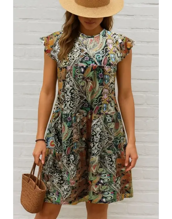 Kadın Kısa Kollu Kolları Fırfırlı Bisiklet Yakalı Kare Desenli Elbise