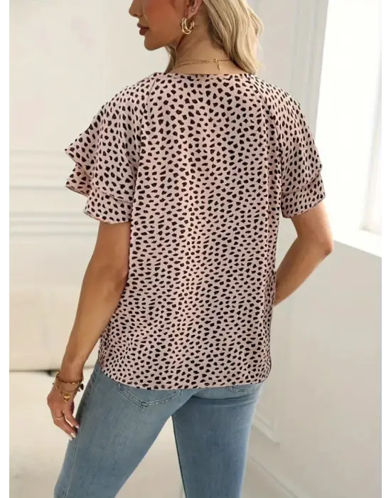 Omarı Şık Desenli Kadın Kısa Kollu Volan Detaylı Bluz