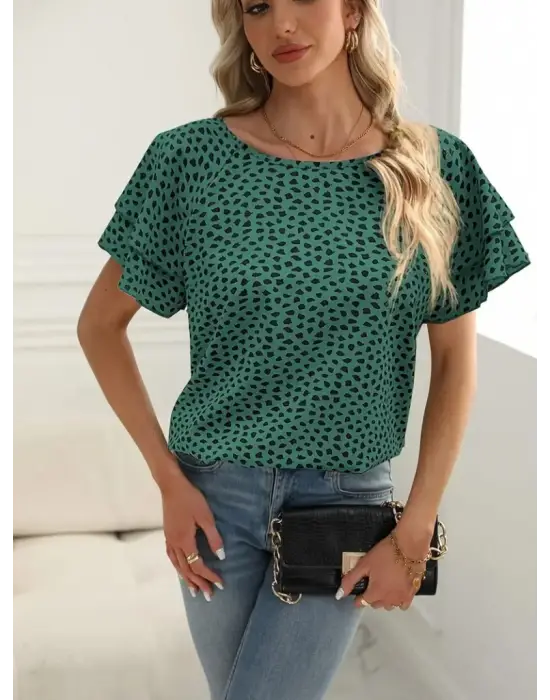 Kadın Kısa Kollu Kolları Volanlı Baskılı Süprem Bluz