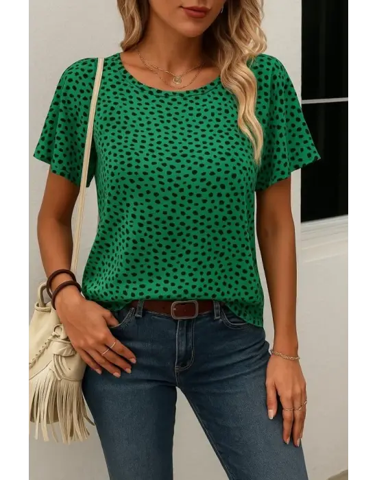 Kadın Kısa Kollu Kolları Volanlı Baskılı Süprem Bluz