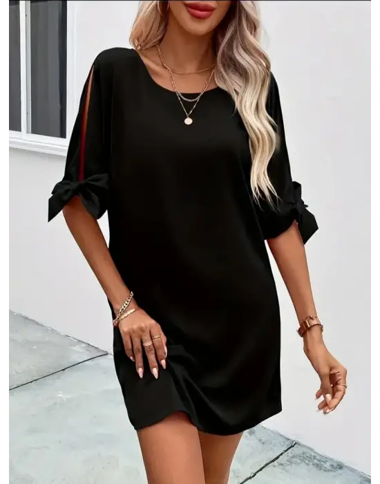 Kadın Kısa Kollu Kolu Bağlamalı Yakası Açık Janjan Elbise