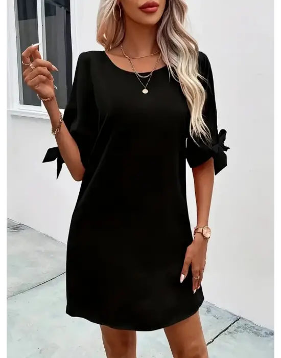 Kadın Kısa Kollu Kolu Bağlamalı Yakası Açık Janjan Elbise