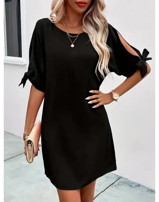 Kadın Kısa Kollu Kolu Bağlamalı Yakası Açık Janjan Elbise