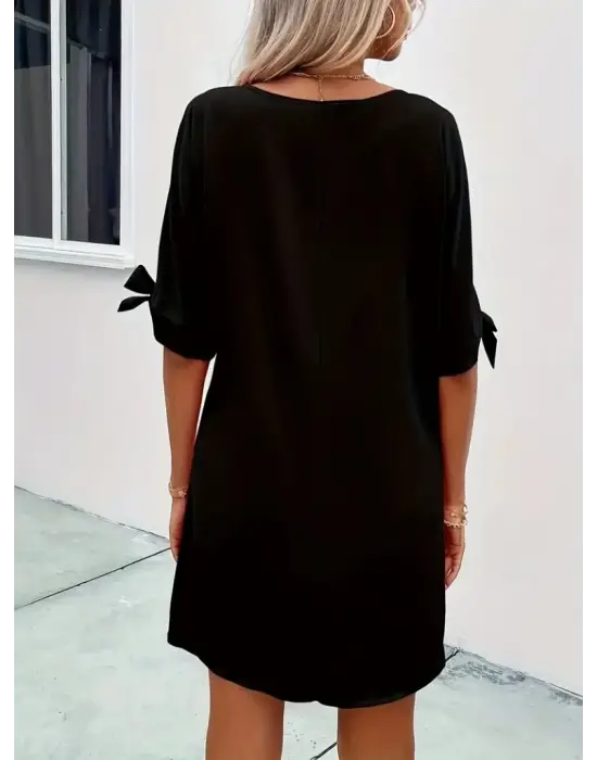 Kadın Kısa Kollu Kolu Bağlamalı Yakası Açık Janjan Elbise