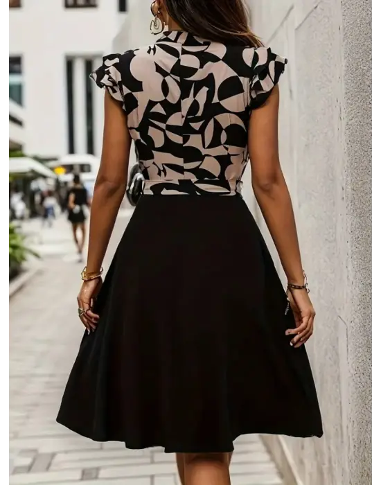 Kadın Kısa Kollu Kolu Fırfır Detay Mini Kuşaklı Kloş Krep Elbise