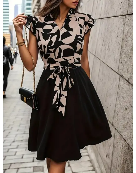 Kadın Kısa Kollu Kolu Fırfır Detay Mini Kuşaklı Kloş Krep Elbise