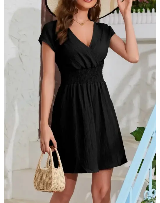 Kadın Kısa Kollu Kruvaze Yaka Beli Gipeli Bürümcük Elbise