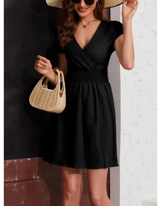 Kadın Kısa Kollu Kruvaze Yaka Beli Gipeli Bürümcük Elbise