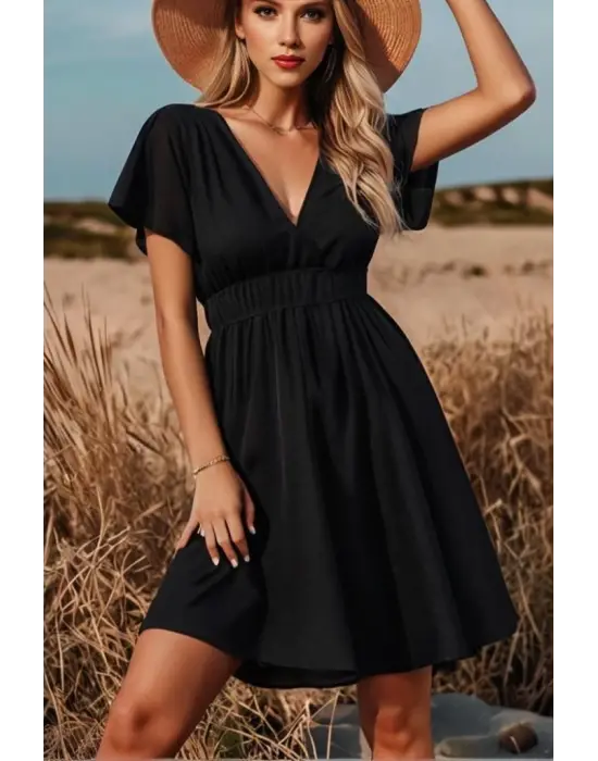 Kadın Kısa Kollu Kruvaze Yaka Beli Gipeli Bürümcük Elbise