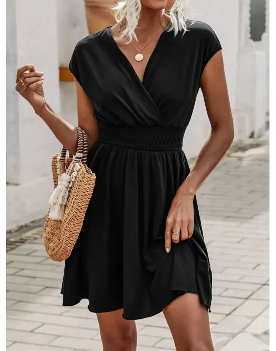 Kadın Kısa Kollu Kruvaze Yaka Beli Gipeli Bürümcük Elbise