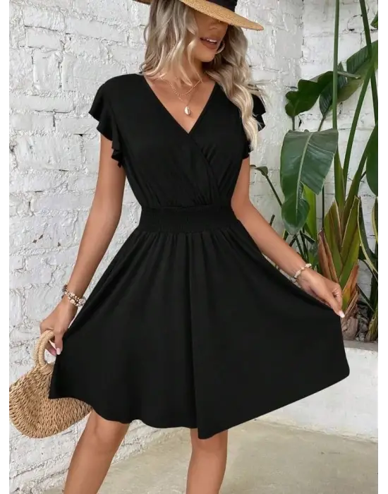 Kadın Kısa Kollu Kruvaze Yaka Beli Gipeli Bürümcük Elbise