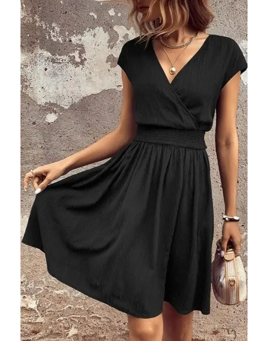 Kadın Kısa Kollu Kruvaze Yaka Beli Gipeli Bürümcük Elbise