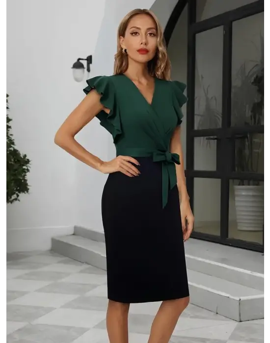 Kadın Kısa Kollu Kruvaze Yaka Beli Kuşaklı Blok Desenli Ithal Krep Elbise