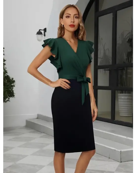 Omarı Kısa Kollu Kruvaze Yaka Blok Desenli Elbise