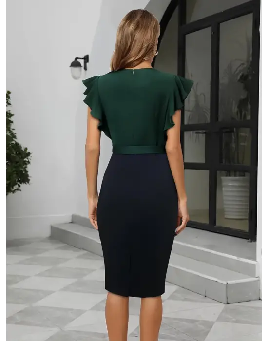 Omarı Kısa Kollu Kruvaze Yaka Blok Desenli Elbise