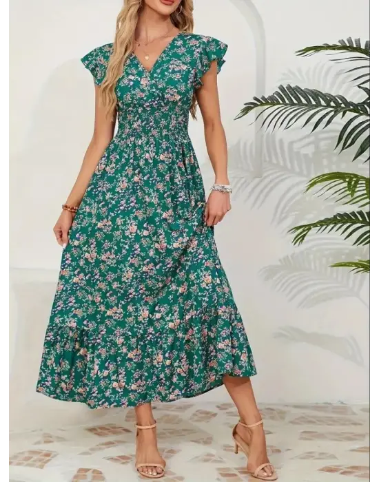 Kadın Kısa Kollu Kruvaze Yaka Beli Lastikli çiçek Desenli Elbise