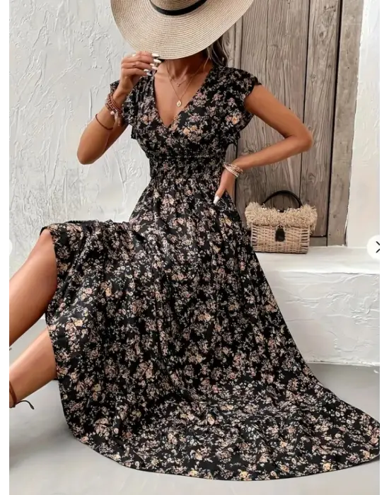 Kadın Kısa Kollu Kruvaze Yaka Beli Lastikli çiçek Desenli Elbise