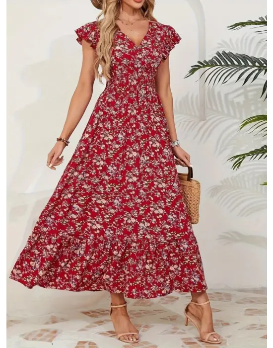 Omarı Çiçek Desenli Kruvaze Yaka Elbise