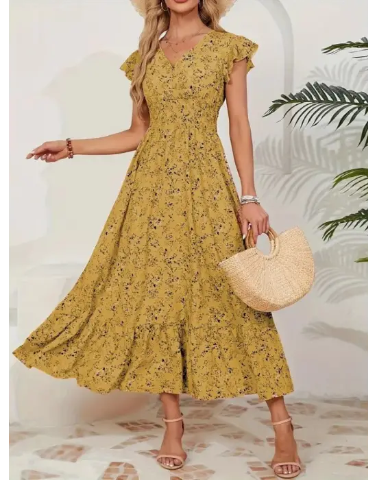 Omarı Çiçek Desenli Kısa Kollu Elbise