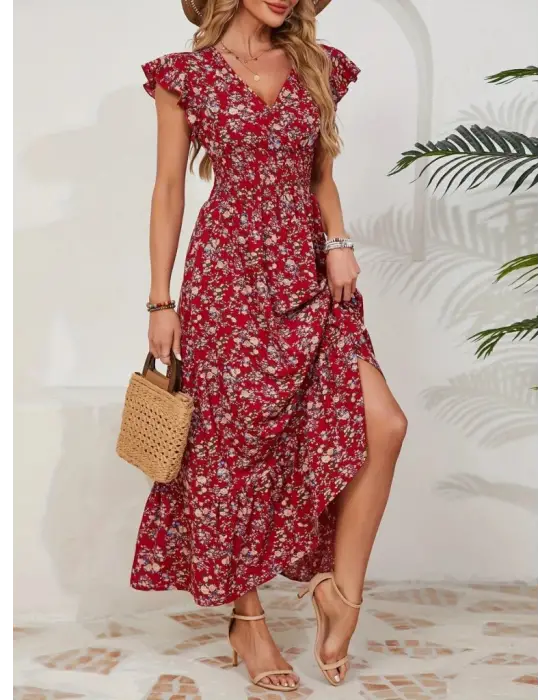 Kadın Kısa Kollu Kruvaze Yaka Beli Lastikli çiçek Desenli Elbise