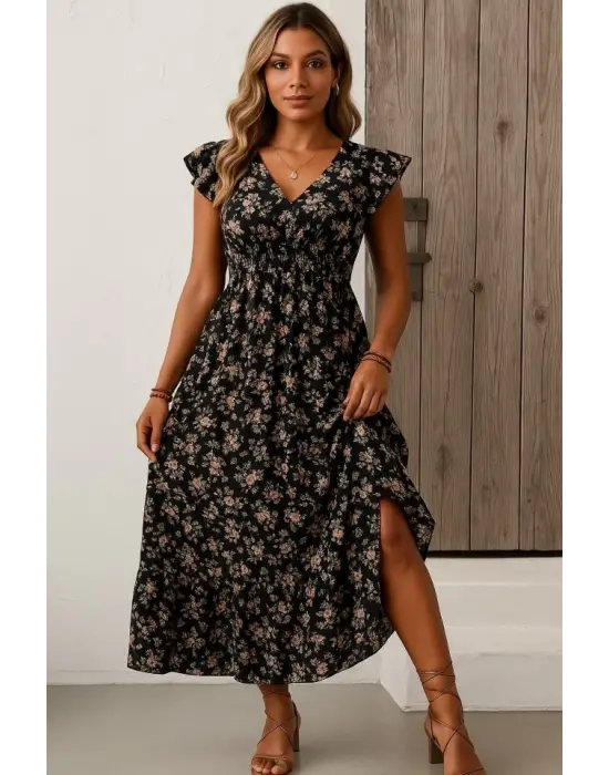 Kadın Kısa Kollu Kruvaze Yaka Beli Lastikli çiçek Desenli Elbise