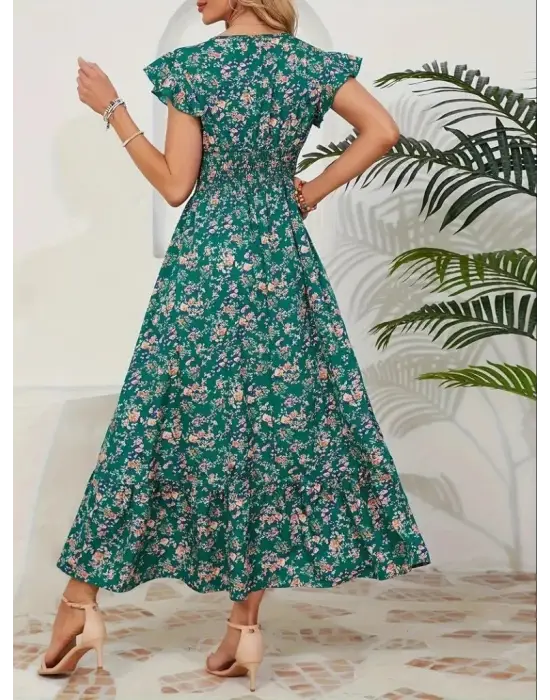 Kadın Kısa Kollu Kruvaze Yaka Beli Lastikli çiçek Desenli Elbise