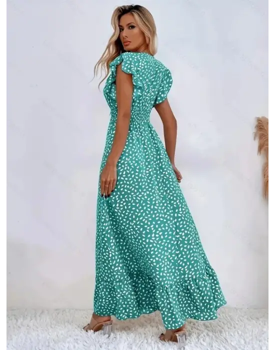 Kadın Kısa Kollu Kruvaze Yaka Beli Lastikli çiçek Desenli Elbise