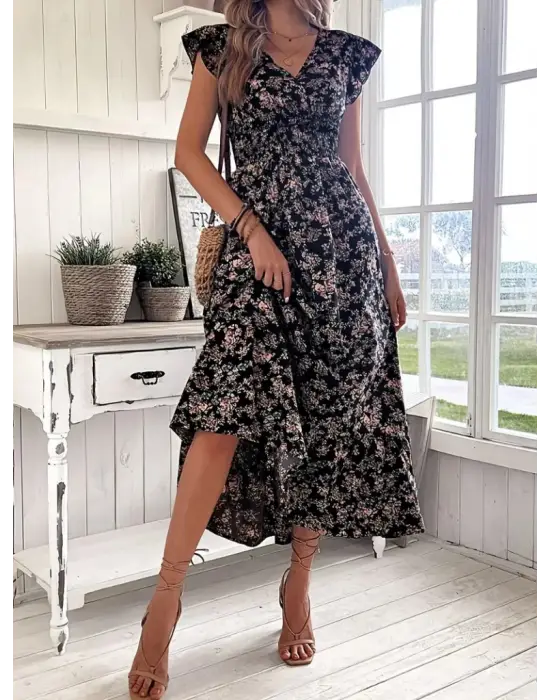 Kadın Kısa Kollu Kruvaze Yaka Beli Lastikli çiçek Desenli Elbise