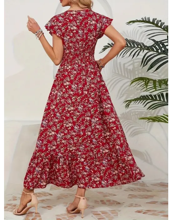 Omarı Çiçek Desenli Kruvaze Yaka Elbise