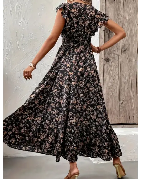 Kadın Kısa Kollu Kruvaze Yaka Beli Lastikli çiçek Desenli Elbise