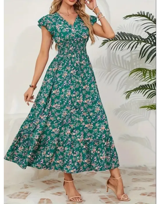 Kadın Kısa Kollu Kruvaze Yaka Beli Lastikli çiçek Desenli Elbise