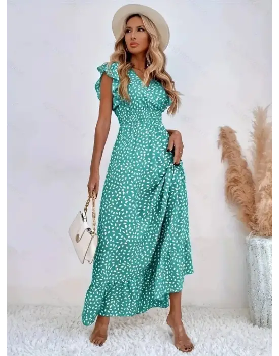 Kadın Kısa Kollu Kruvaze Yaka Beli Lastikli çiçek Desenli Elbise