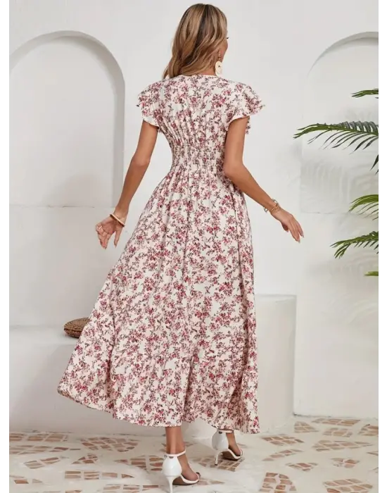 Omarı Çiçek Desenli Kruvaze Yaka Elbise