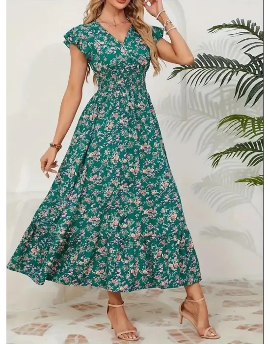 Kadın Kısa Kollu Kruvaze Yaka Beli Lastikli çiçek Desenli Elbise