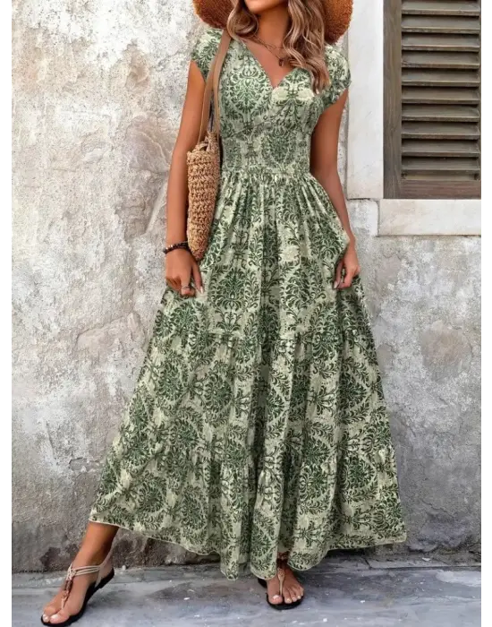 Kadın Kısa Kollu Kruvaze Yaka Beli Lastikli Süprem Elbise