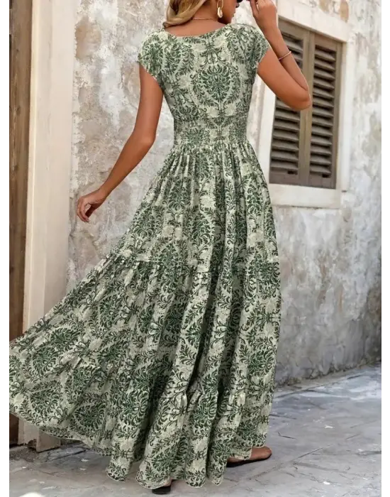 Kadın Kısa Kollu Kruvaze Yaka Beli Lastikli Süprem Elbise