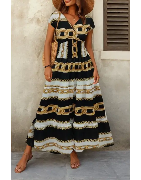 Kadın Kısa Kollu Kruvaze Yaka Beli Lastikli Süprem Maksi Boy Elbise