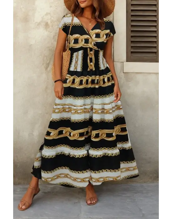 Kadın Kısa Kollu Kruvaze Yaka Beli Lastikli Süprem Maksi Boy Elbise