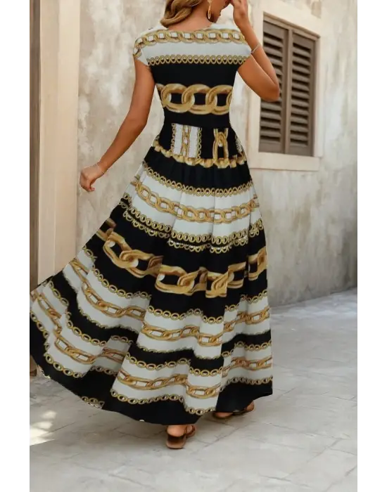 Kadın Kısa Kollu Kruvaze Yaka Beli Lastikli Süprem Maksi Boy Elbise