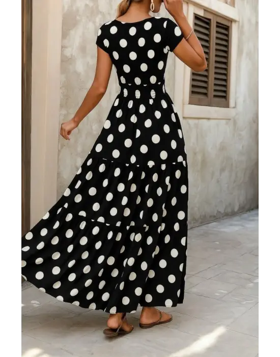 Kadın Kısa Kollu Kruvaze Yaka Beli Lastikli Süprem Maksi Boy Elbise