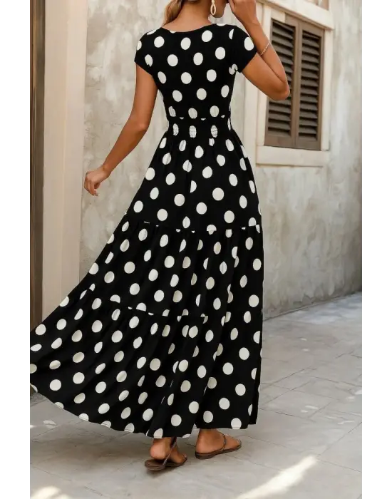 Kadın Kısa Kollu Kruvaze Yaka Beli Lastikli Süprem Maksi Boy Elbise