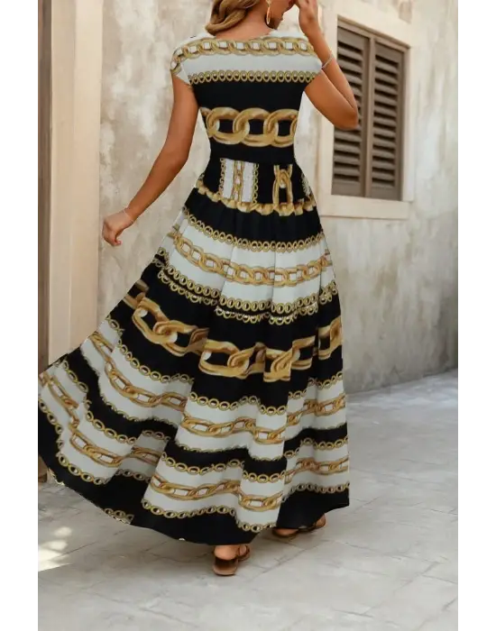 Kadın Kısa Kollu Kruvaze Yaka Beli Lastikli Süprem Maksi Boy Elbise