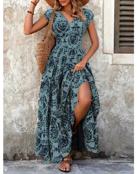 Kadın Kısa Kollu Kruvaze Yaka Beli Lastikli Süprem Maksi Boy Elbise