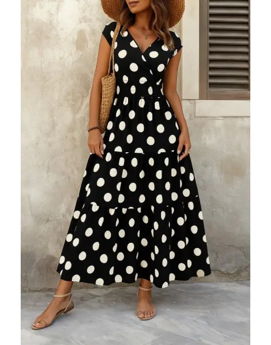 Kadın Kısa Kollu Kruvaze Yaka Beli Lastikli Süprem Maksi Boy Elbise