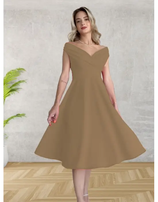 Kadın Kısa Kollu Kruvaze Yaka Eteği Volanlı Krep Elbise