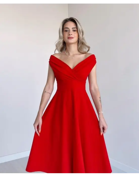 Kadın Kısa Kollu Kruvaze Yaka Eteği Volanlı Krep Elbise