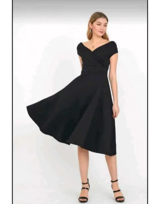 Kadın Kısa Kollu Kruvaze Yaka Eteği Volanlı Krep Elbise