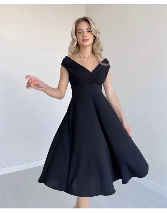 Kadın Kısa Kollu Kruvaze Yaka Eteği Volanlı Krep Elbise